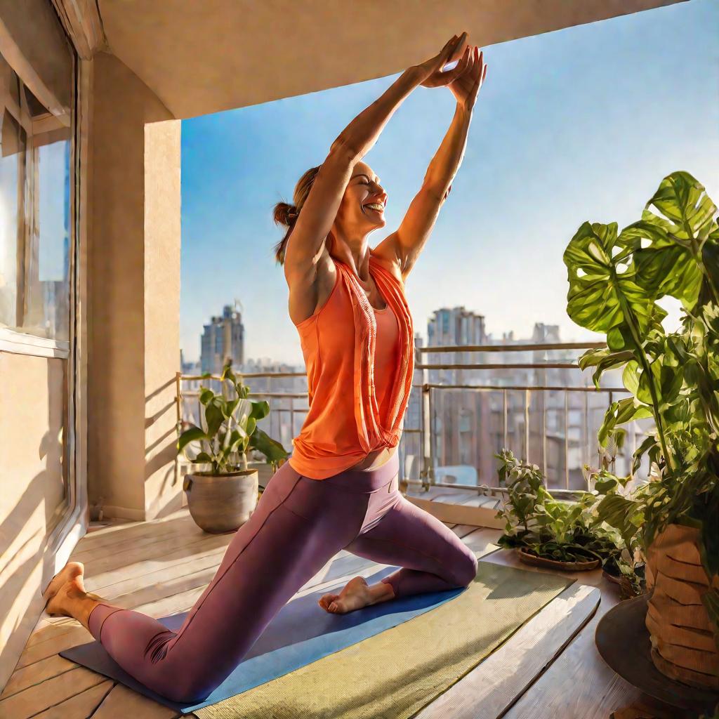 Женщина делает утреннюю йогу на балконе