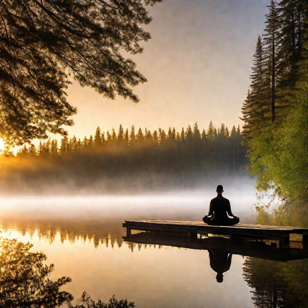 Лесное озеро на рассвете, мужчина медитирует на причале