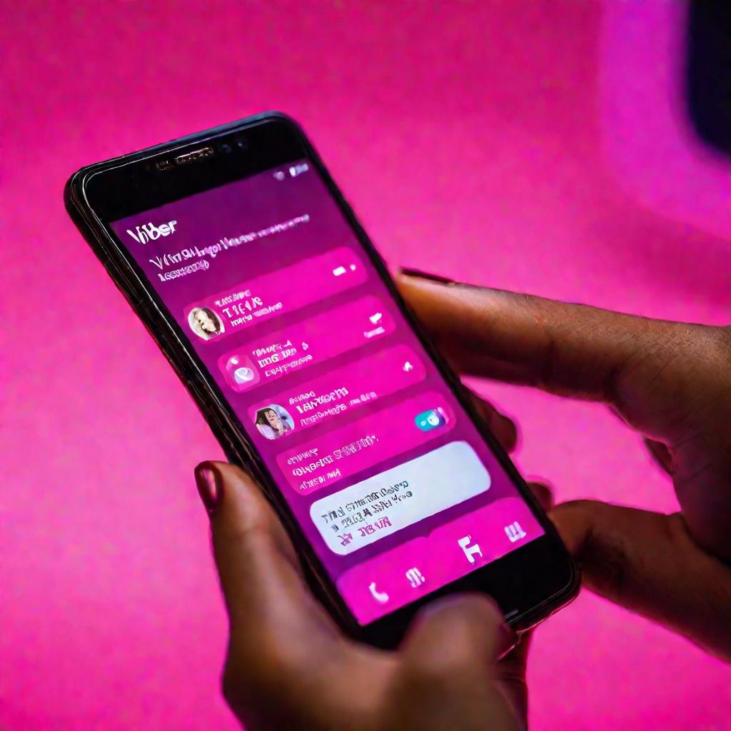 Близкий кадр смартфона на розовом фоне с приложением Viber во время международного звонка