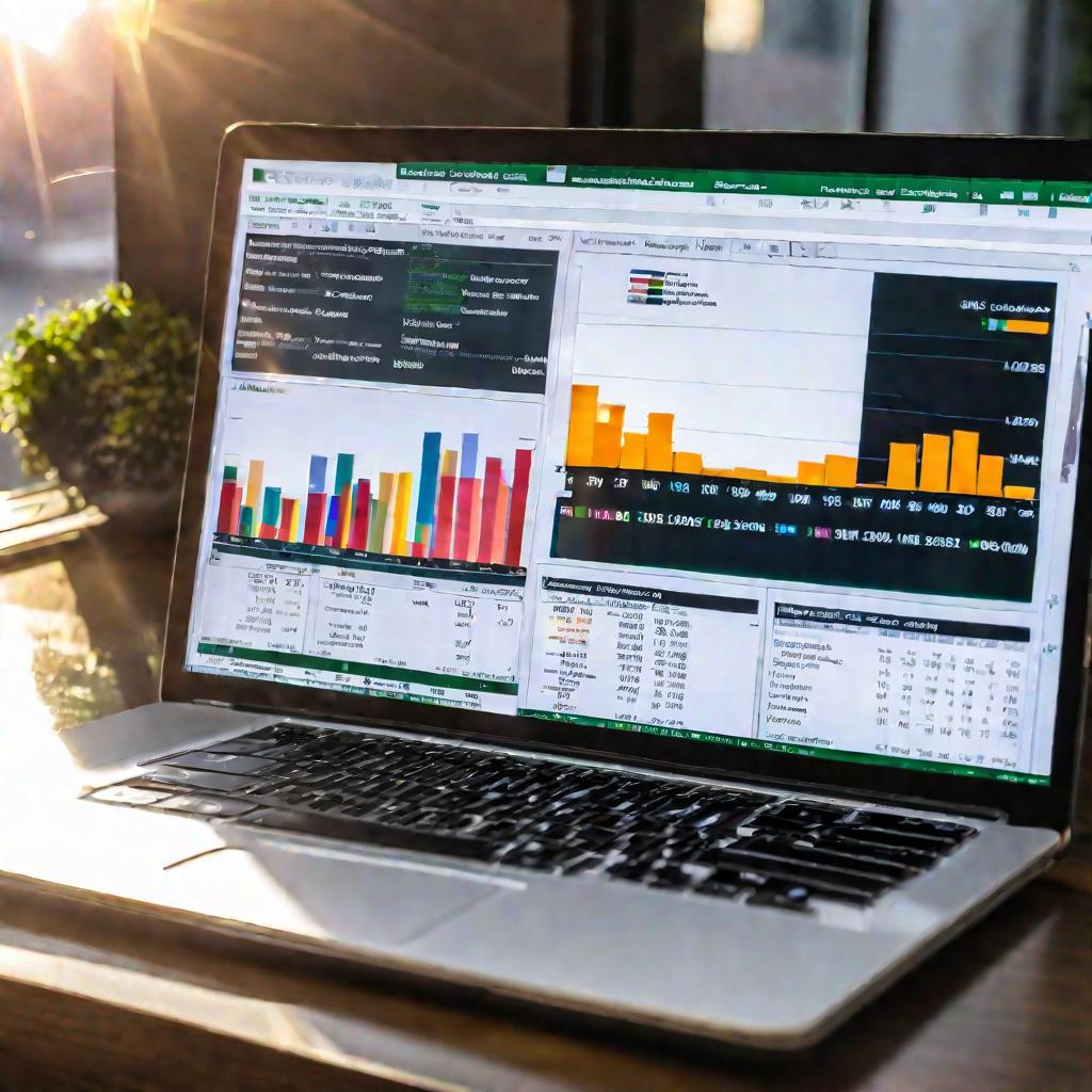 Крупный план экрана ноутбука с открытой таблицей Excel, демонстрирующей визуализацию данных в виде круговых диаграмм, столбчатых графиков и сводных таблиц. Сложные формулы и ссылки на ячейки создают замысловатую таблицу. Лучи солнца, проходя через матовое
