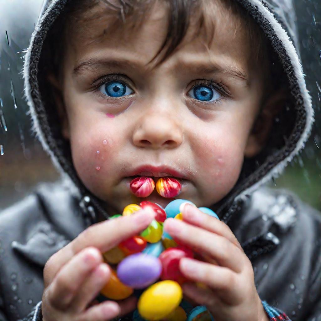 Портрет ребенка с конфетами с печальным видом