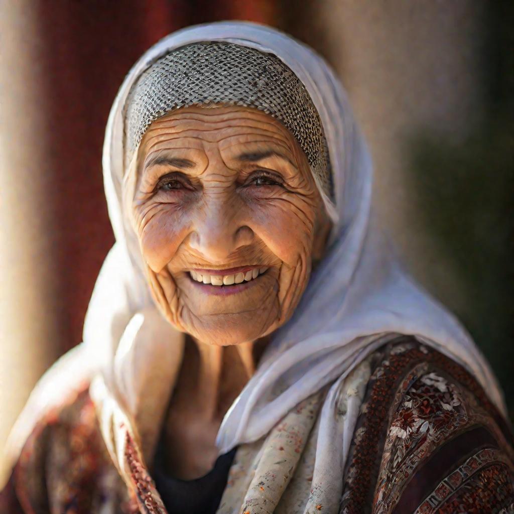 Портрет пожилой турецкой женщины в платке с улыбкой