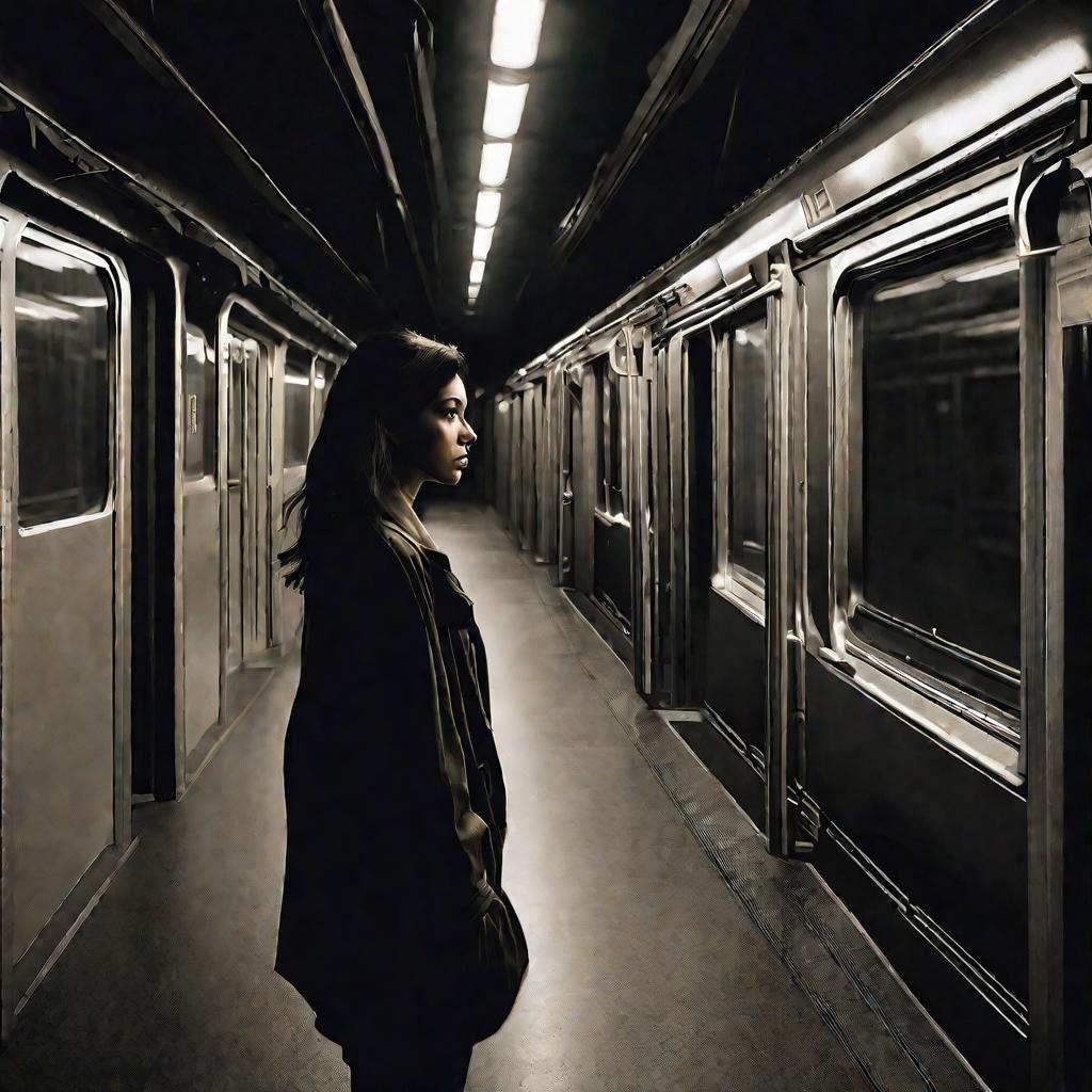 Одинокая грустная женщина смотрит в окно вагона метро