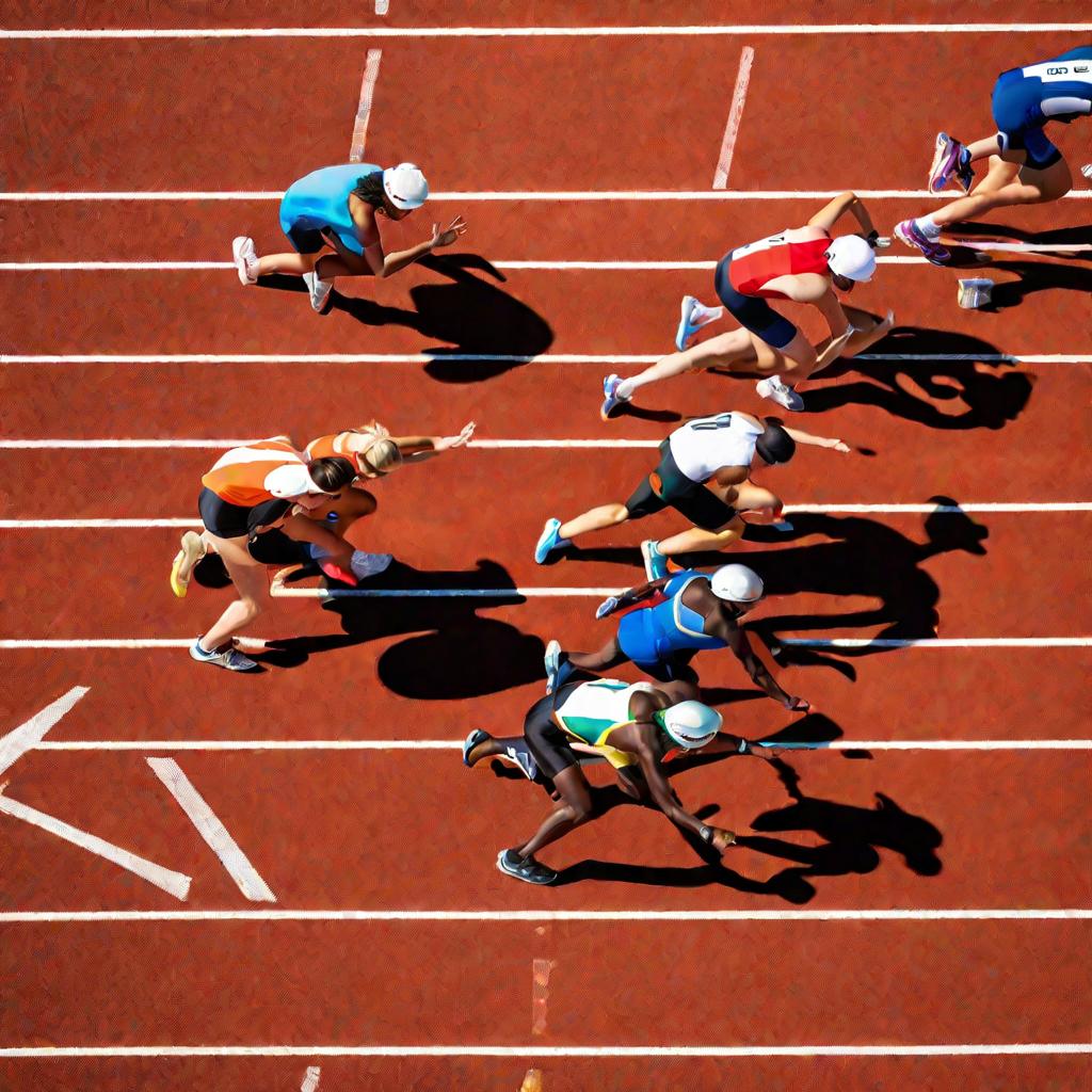 Спортсмены энергично соревнуются в эстафете на открытой беговой дорожке