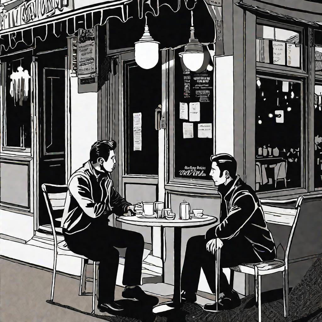 Двое мужчин беседуют при свечах в уютном кафе на закате.