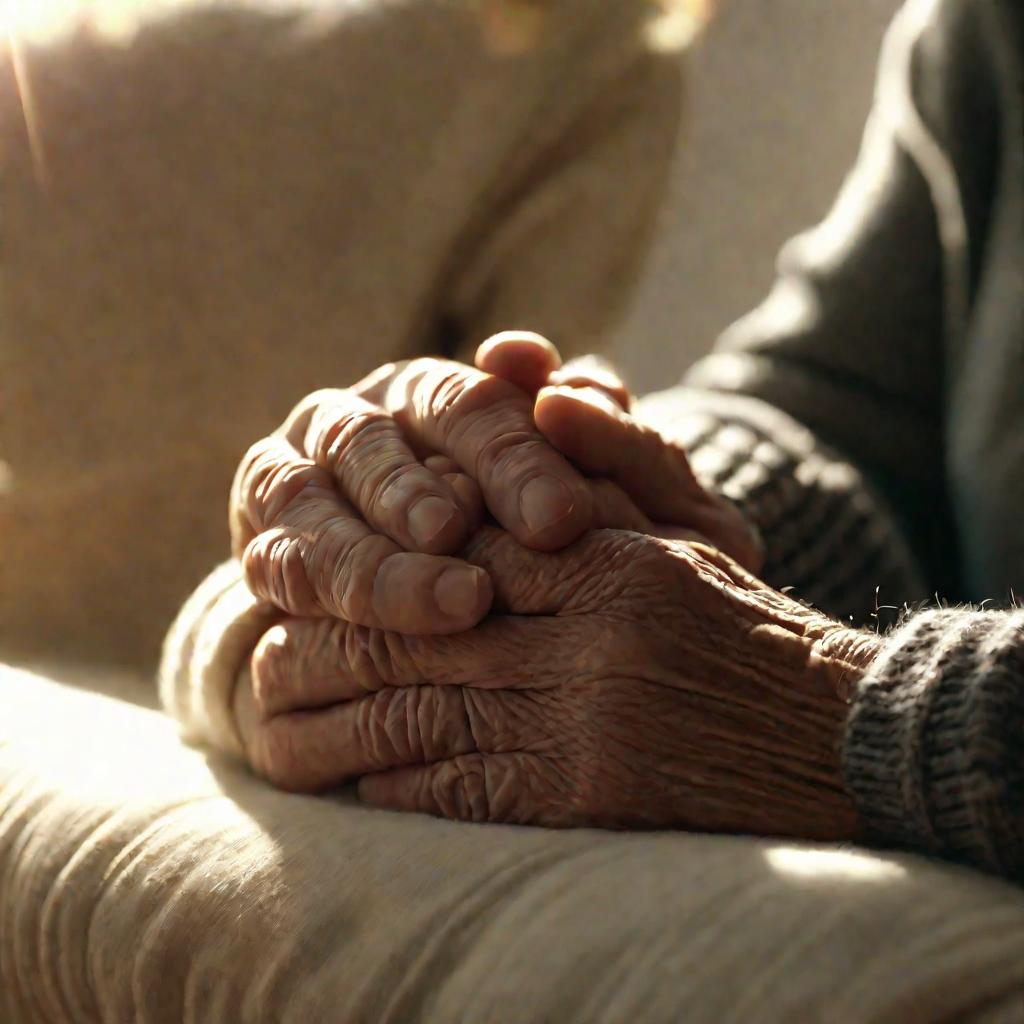 Рука держит руку пожилого родителя во время душевного разговора в солнечной комнате зимним днем.