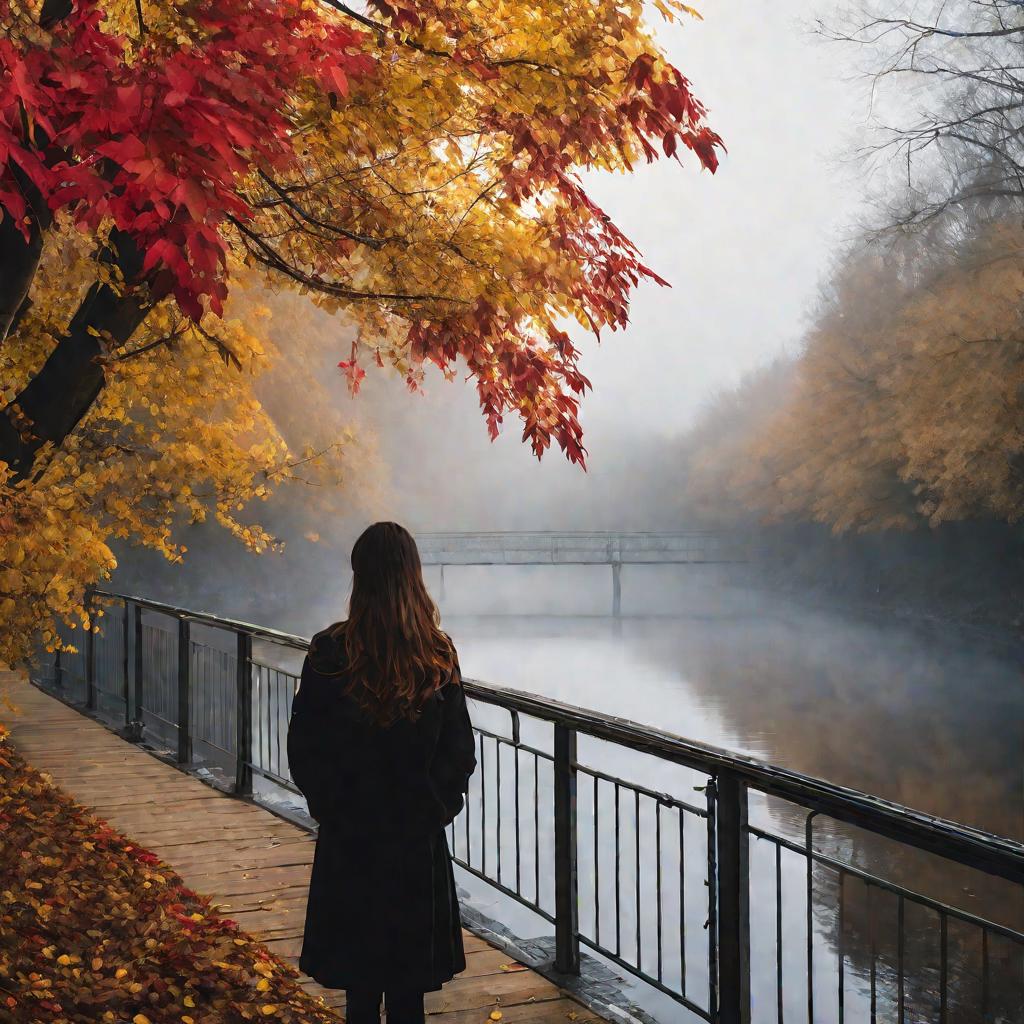 Девушка смотрит вдаль на мосту осенью