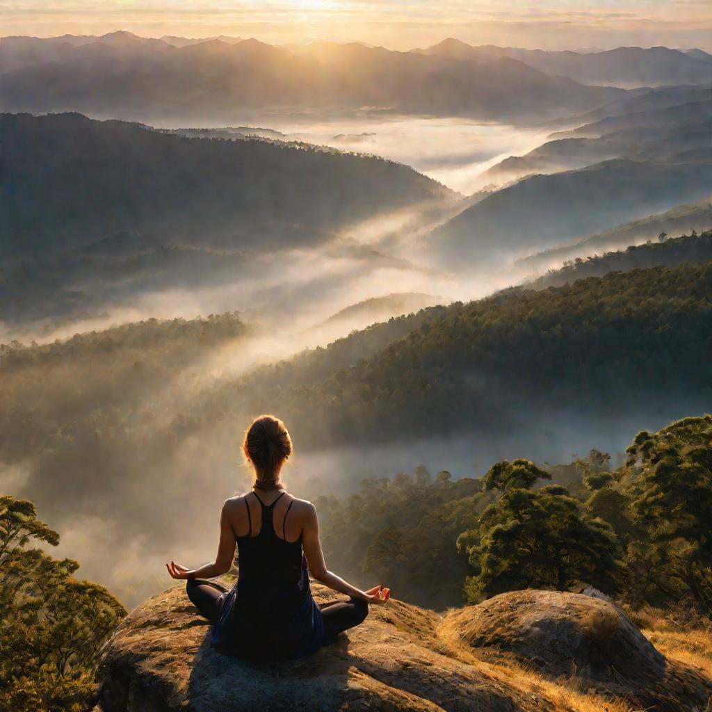 Женщина медитирует на утесе на восходе солнца