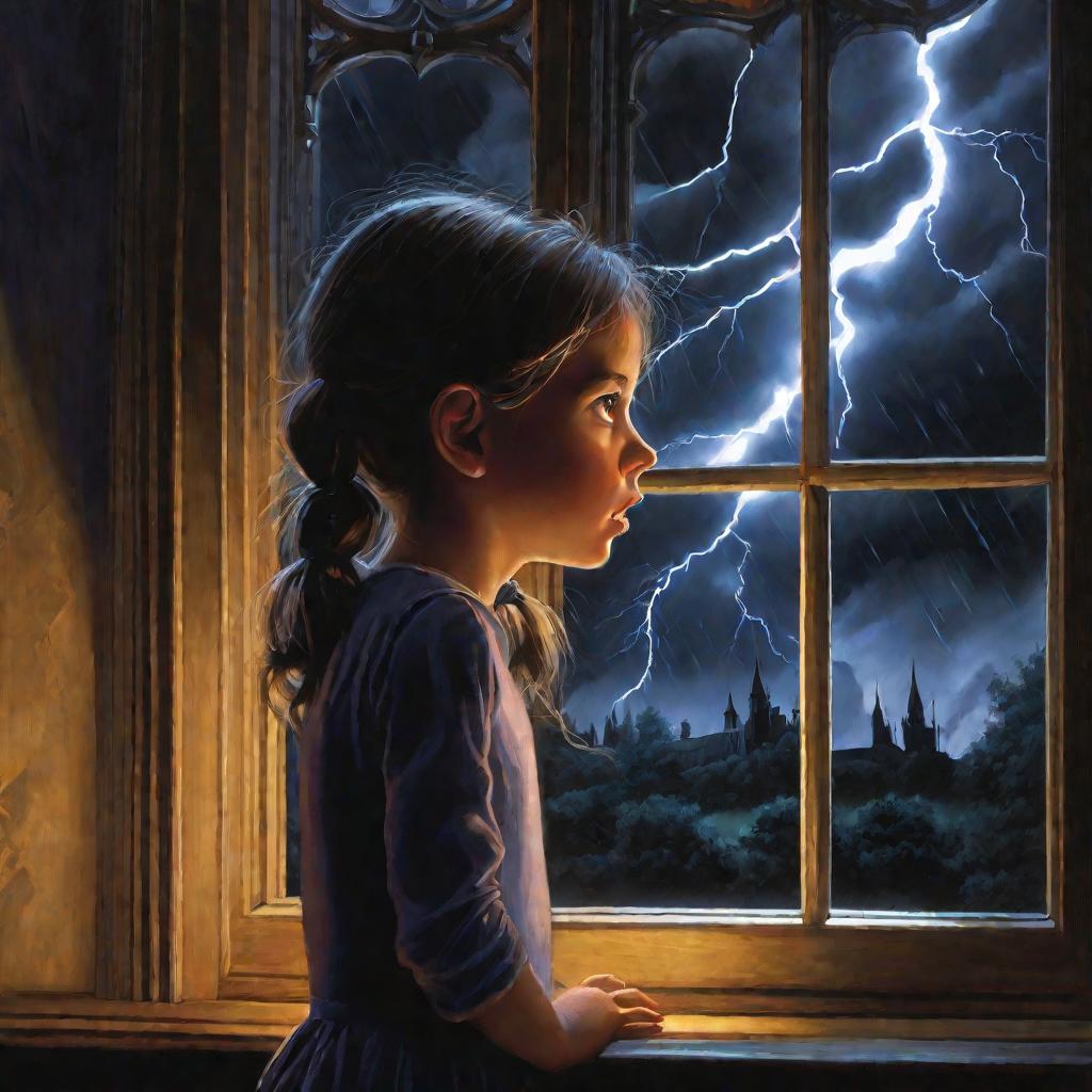 Девочка с тревожным лицом смотрит в окно ночью во время грозы
