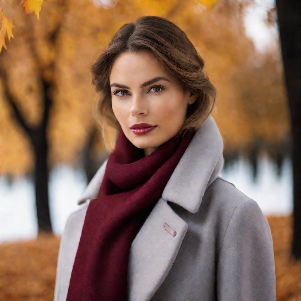 Женщина в сером пальто и бордовом шарфе