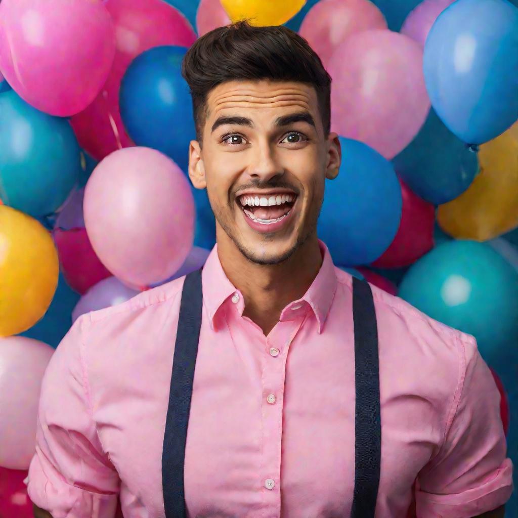 Удивленный молодой мужчина в розовой рубашке на фоне голубой стены и шариков
