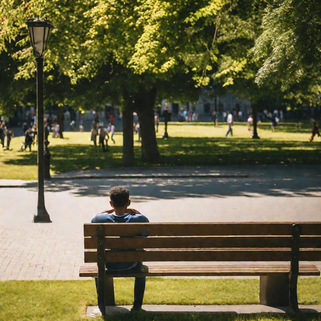 Одинокий парень на скамейке в парке