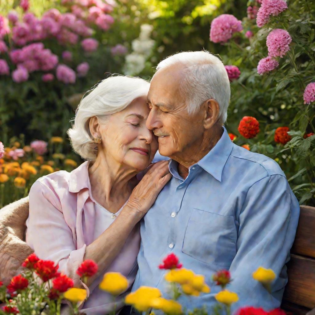 Пожилая пара, сидящая на скамейке в саду
