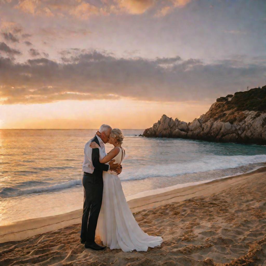 Красивая пара в элегантной одежде на фоне моря и заката во время празднования атласной свадьбы
