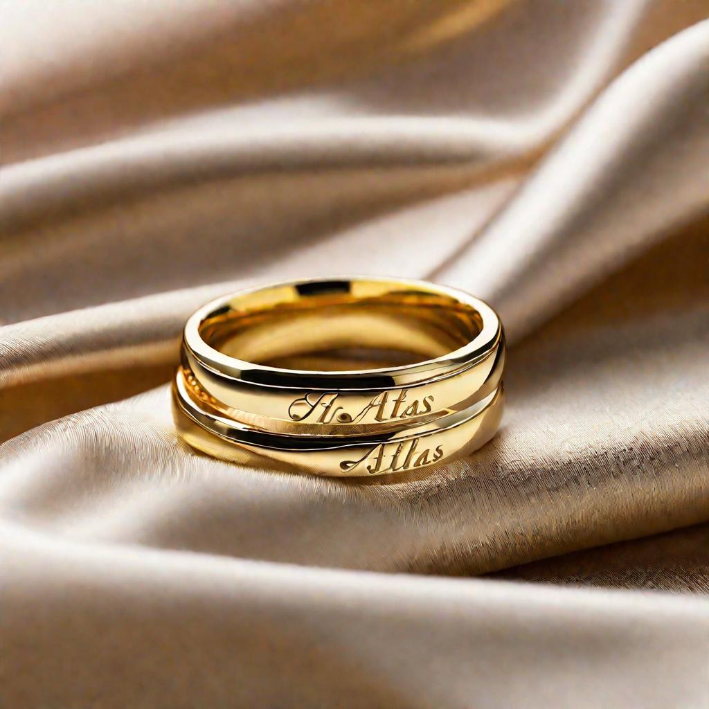 Два золотых обручальных кольца с выгравированной датой атласной годовщины, лежащие на шелковой ткани