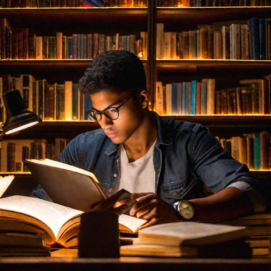 Студент усердно читает научные книги в университетской библиотеке поздно ночью.
