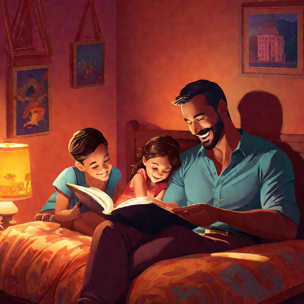 Отец читает книгу на ночь детям, все весело смеются.