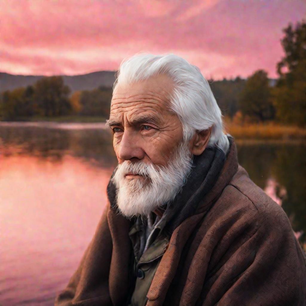 Пожилой мужчина смотрит на рассвет над озером