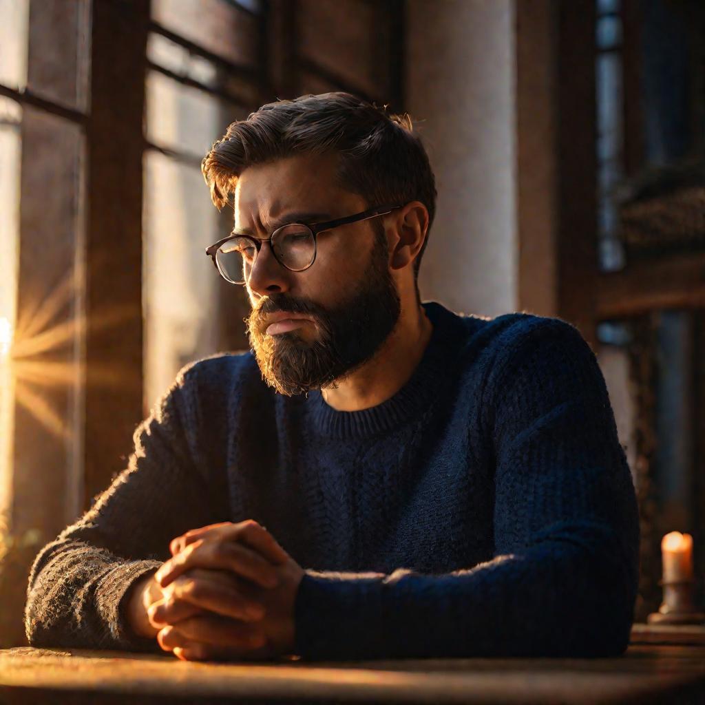 Портрет грустного бородатого мужчины в очках в свете заката молится сидя за столом