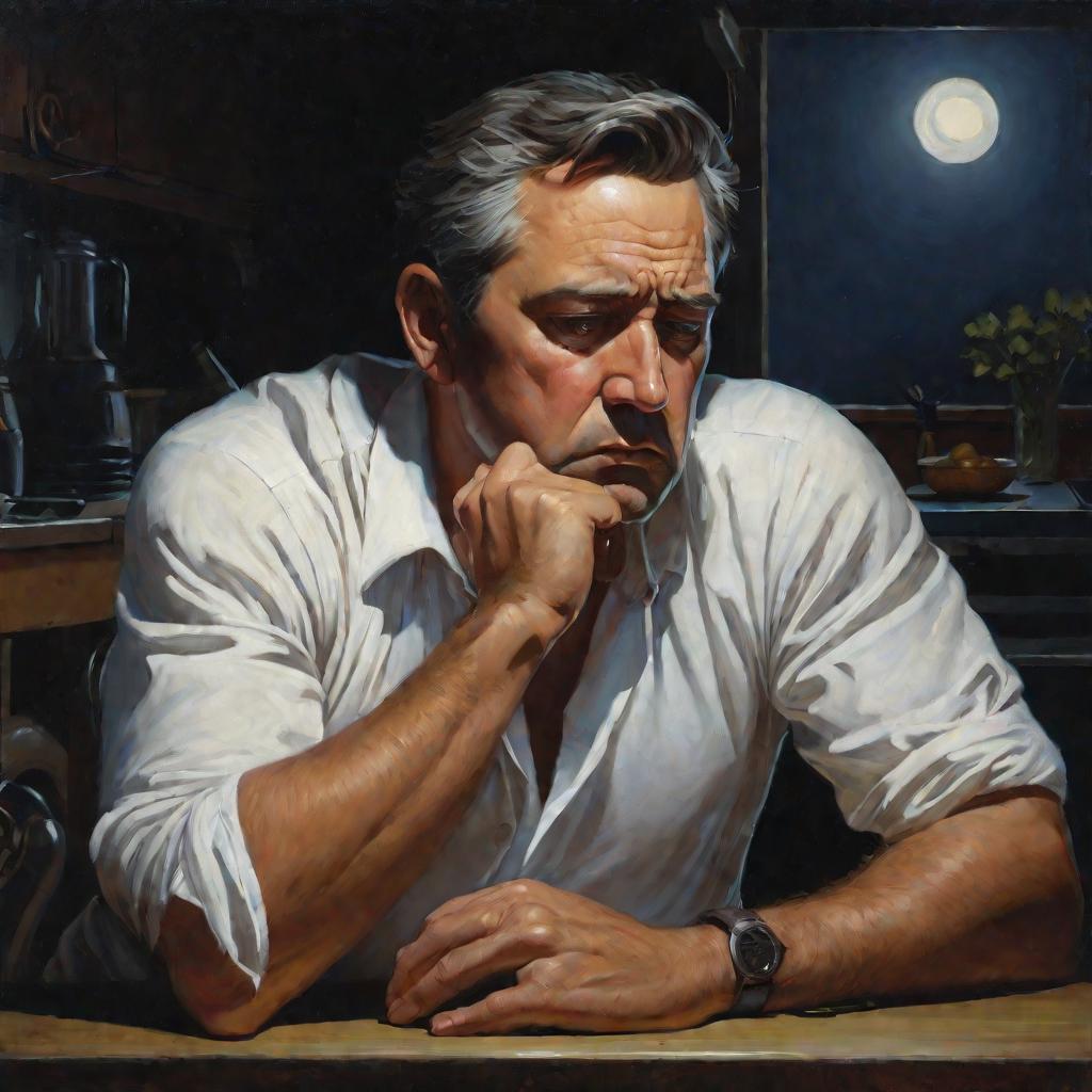 Портрет уставшего мужчины ночью на кухне