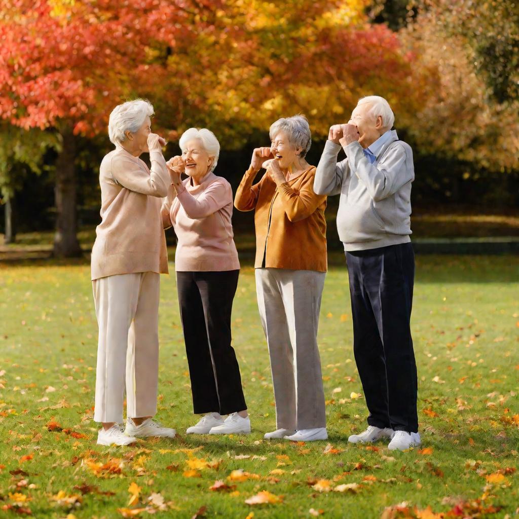 Группа пожилых людей на улице выполняет упражнения нейрогимнастики, дотрагиваясь до носа одной рукой, а до уха другой