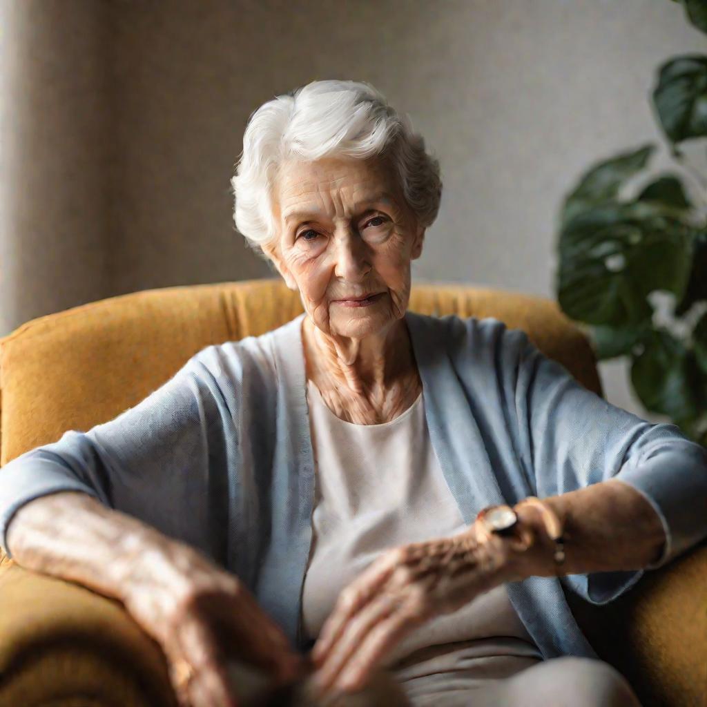 Пожилая женщина с признаками деменции с улыбкой выполняет упражнение нейрогимнастики, перекрещивая руки и дотрагиваясь до колена