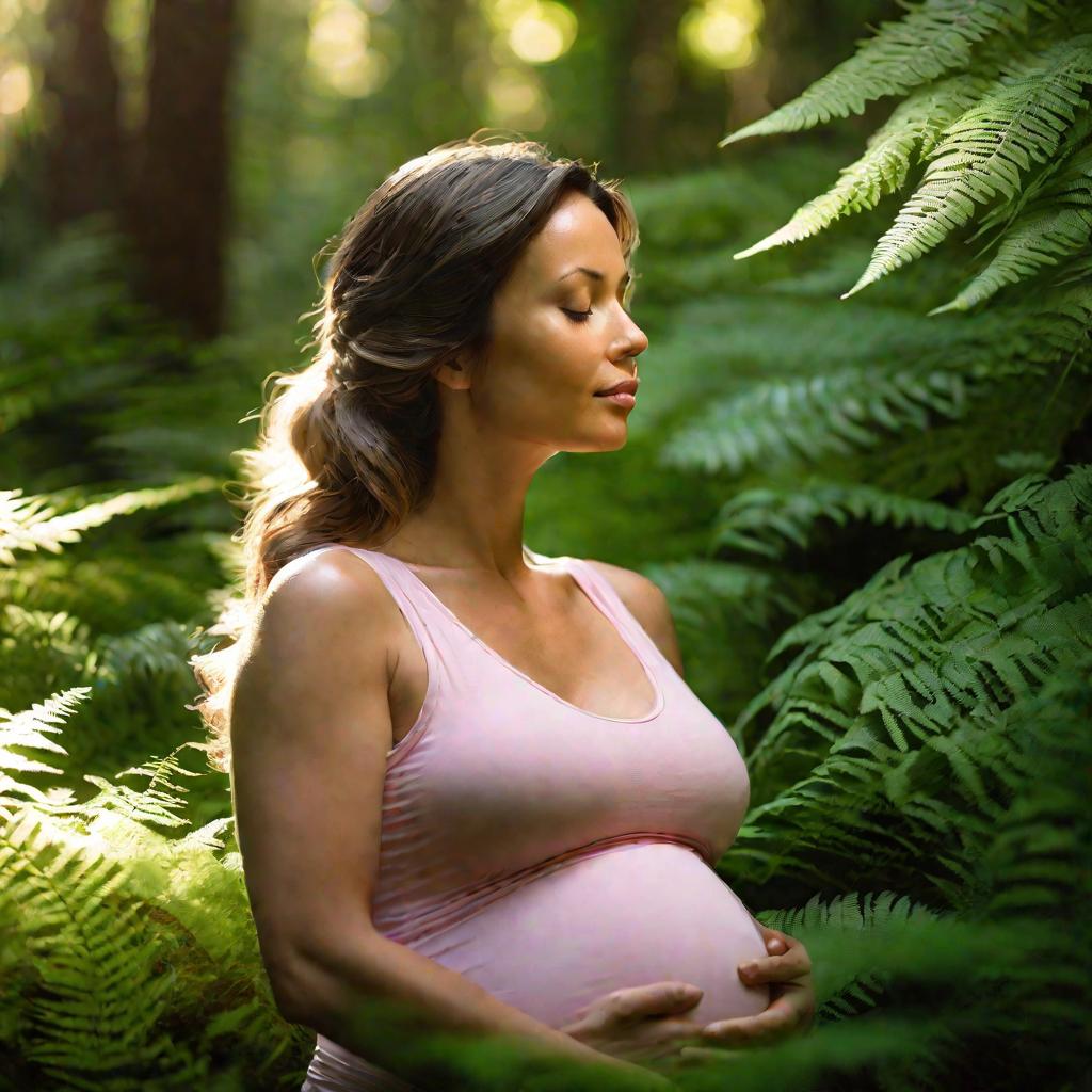 Беременная медитирует в лесу