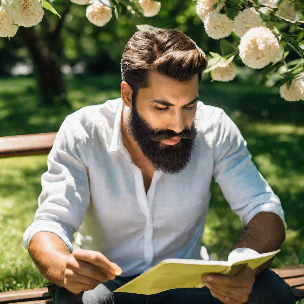 Мужчина читает письмо в парке летом, улыбается