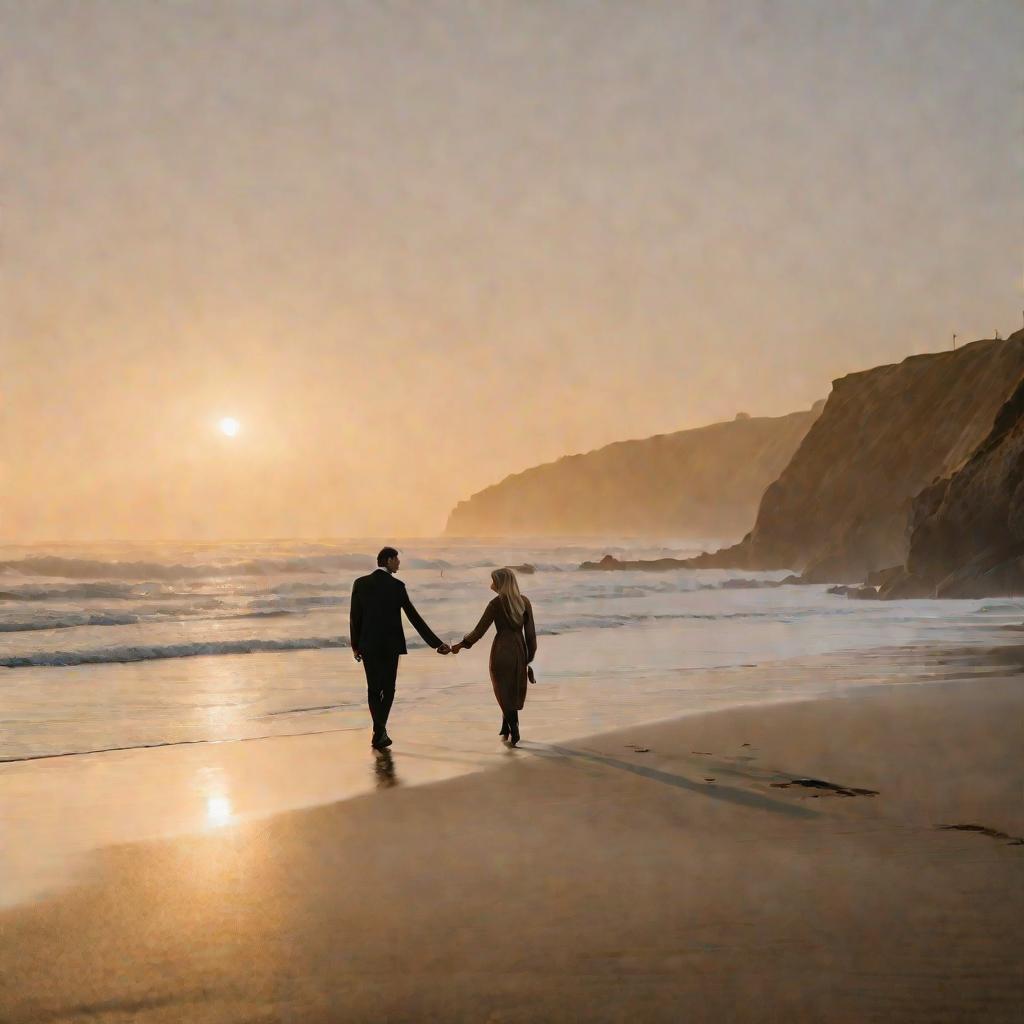 Пара идет по пляжу на закате с письмами в руках