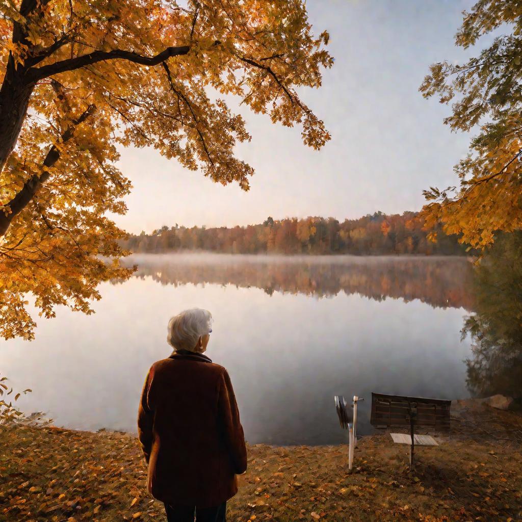 Пожилая женщина смотрит на озеро осенью