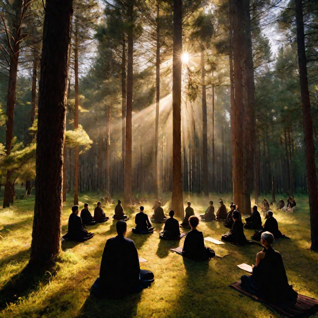 Люди медитируют в лесу