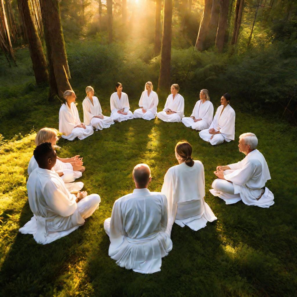 Группа людей медитирует на рассвете в лесу.