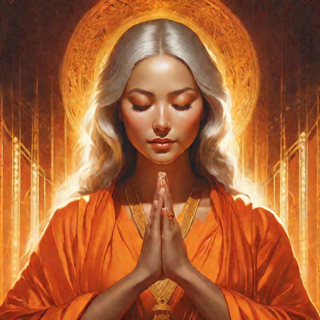 Женщина в оранжевой одежде медитирует с золотистым сиянием вокруг нее.