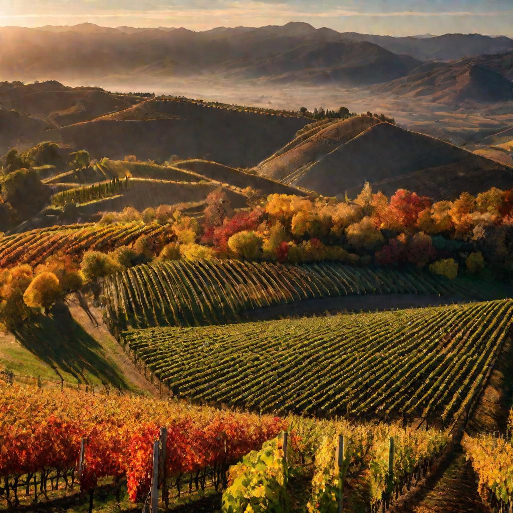Виноградник осенью с красными листьями