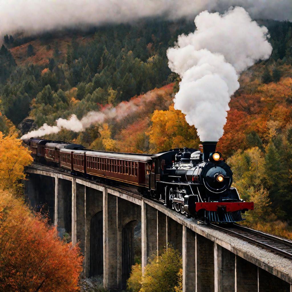Поезд на паровозной тяге на мосту осенью