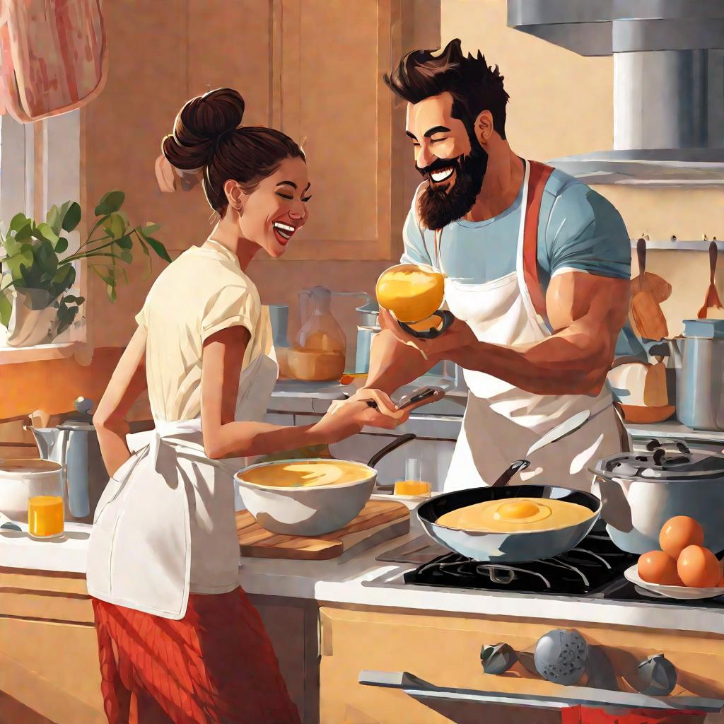 Пара готовит завтрак на кухне