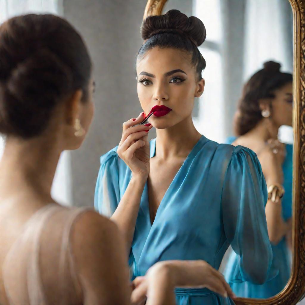 Девушка смотрит на свое отражение в зеркале и красит губы помадой