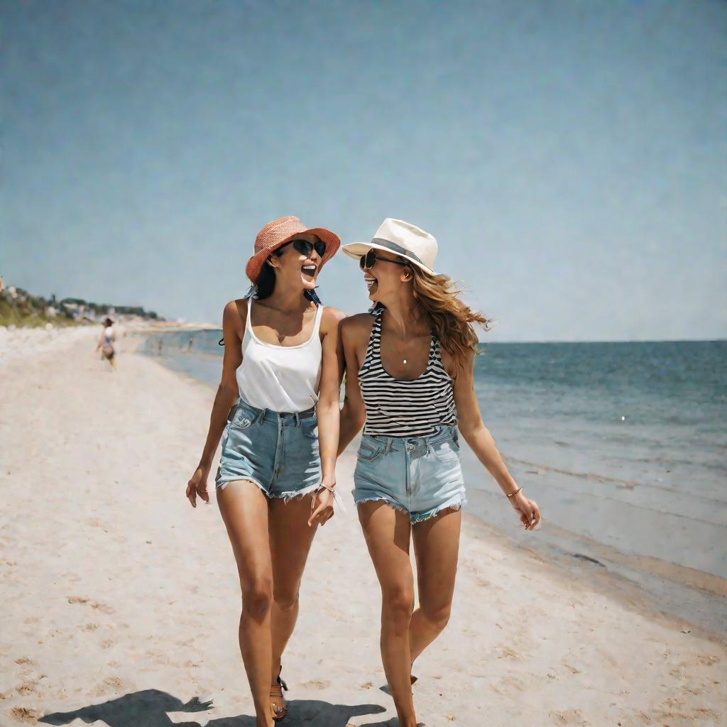 Две лучшие подруги идут по песчаному пляжу в солнечный летний день