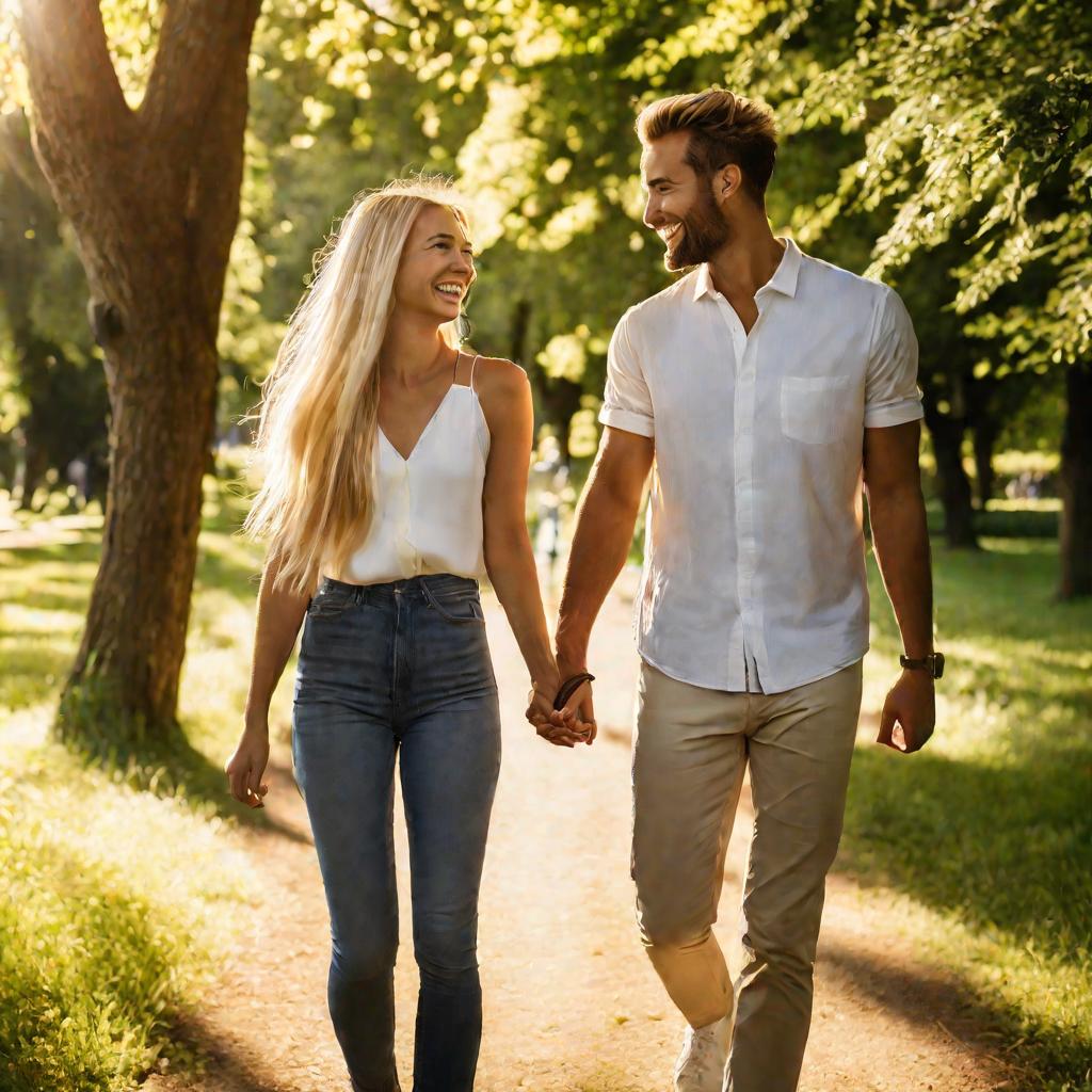 Счастливая пара гуляет по аллее, девушка улыбается