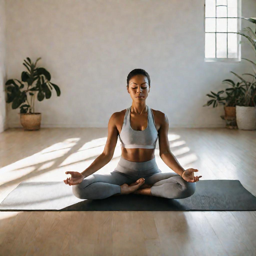 Женщина медитирует на йога мата