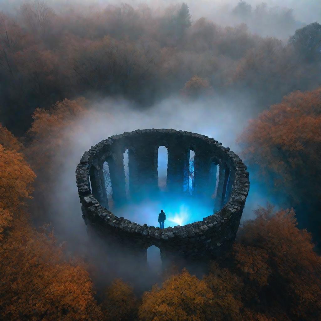 В осеннем лесу мистически светящийся портал в прошлое