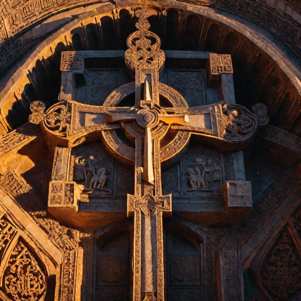 Скульптуры армянских каменных крестов во дворе монастыря на закате