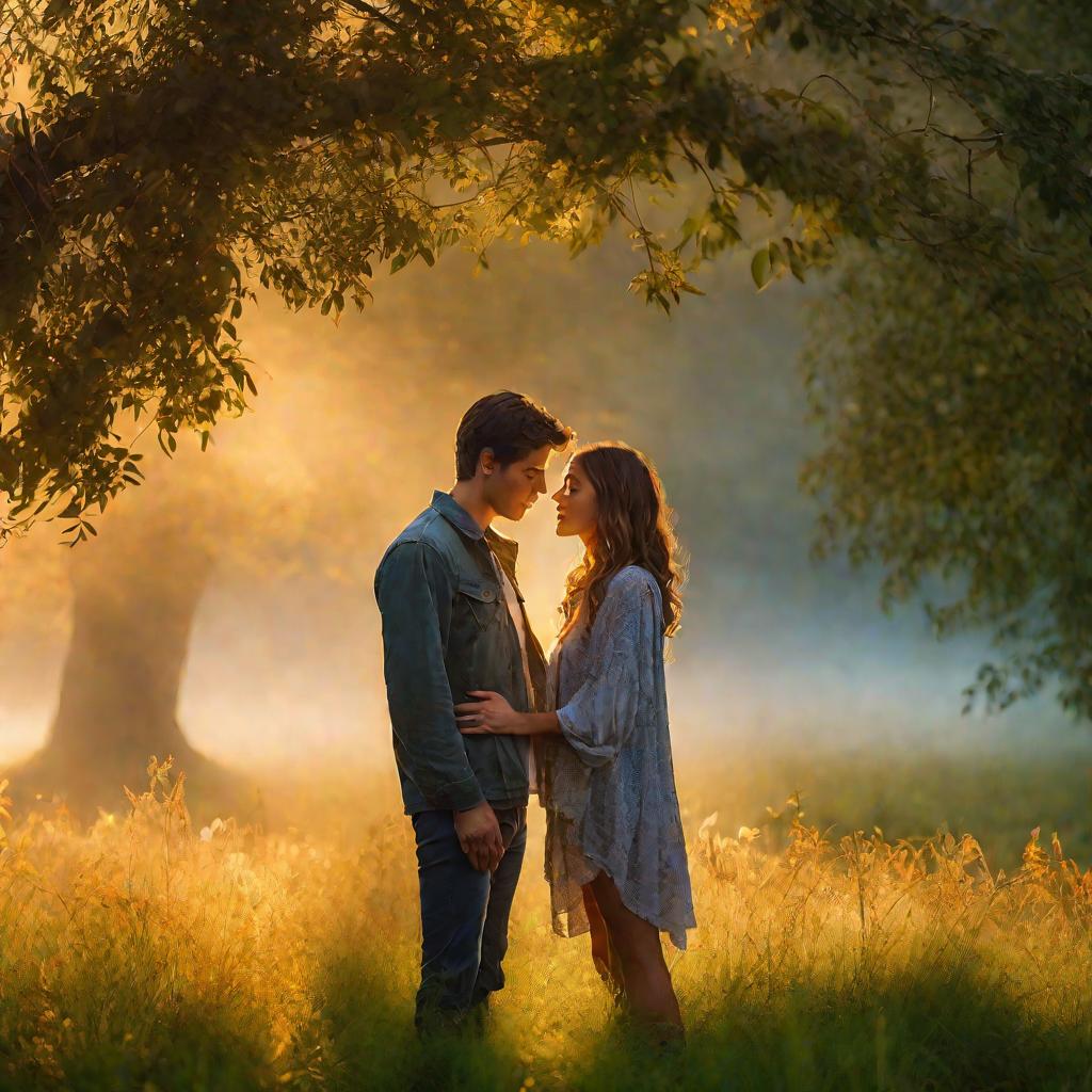 Романтический пейзаж на закате с целующейся парой