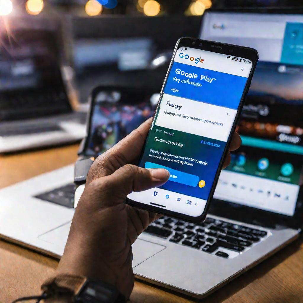 Телефон с открытым приложением Google Play Маркет и сообщением об ошибке закрытия приложения над клавиатурой ноутбука в офисе