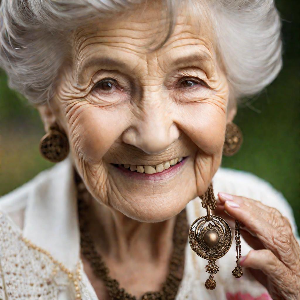 Пожилая женщина держит старое ожерелье, вспоминая молодость