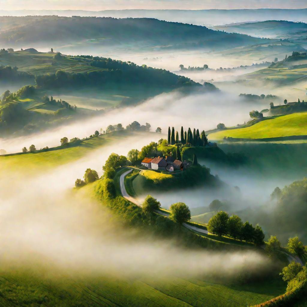 Деревня в долине окутана утренним туманом