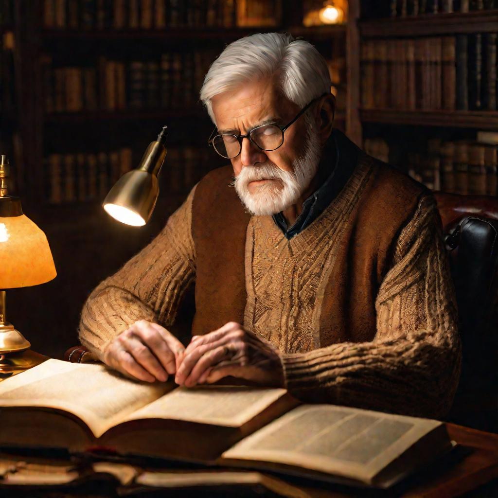 Пожилой мужчина читает книгу в тускло освещенном кабинете