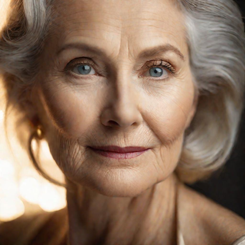 Пожилая женщина светлой внешности наносит крем вокруг глаз.