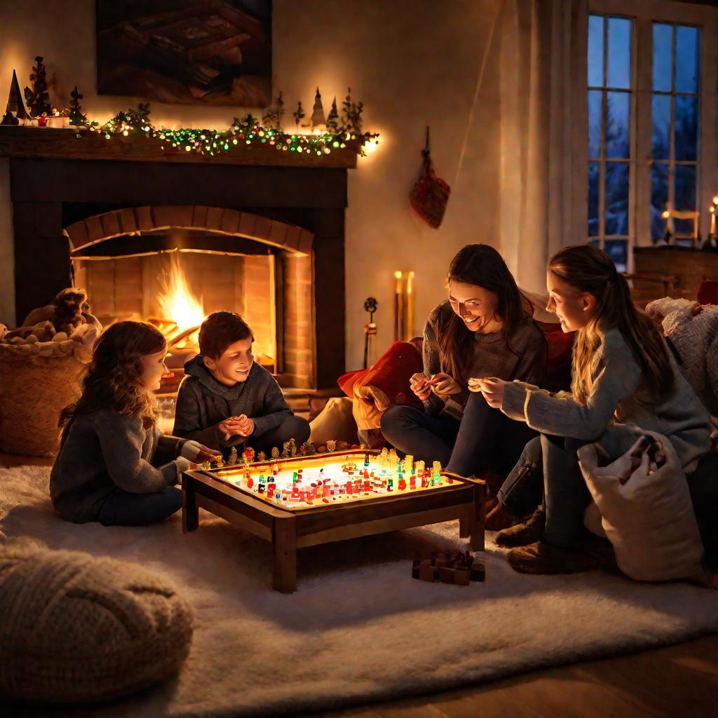 Семья играет в настольные игры зимним вечером