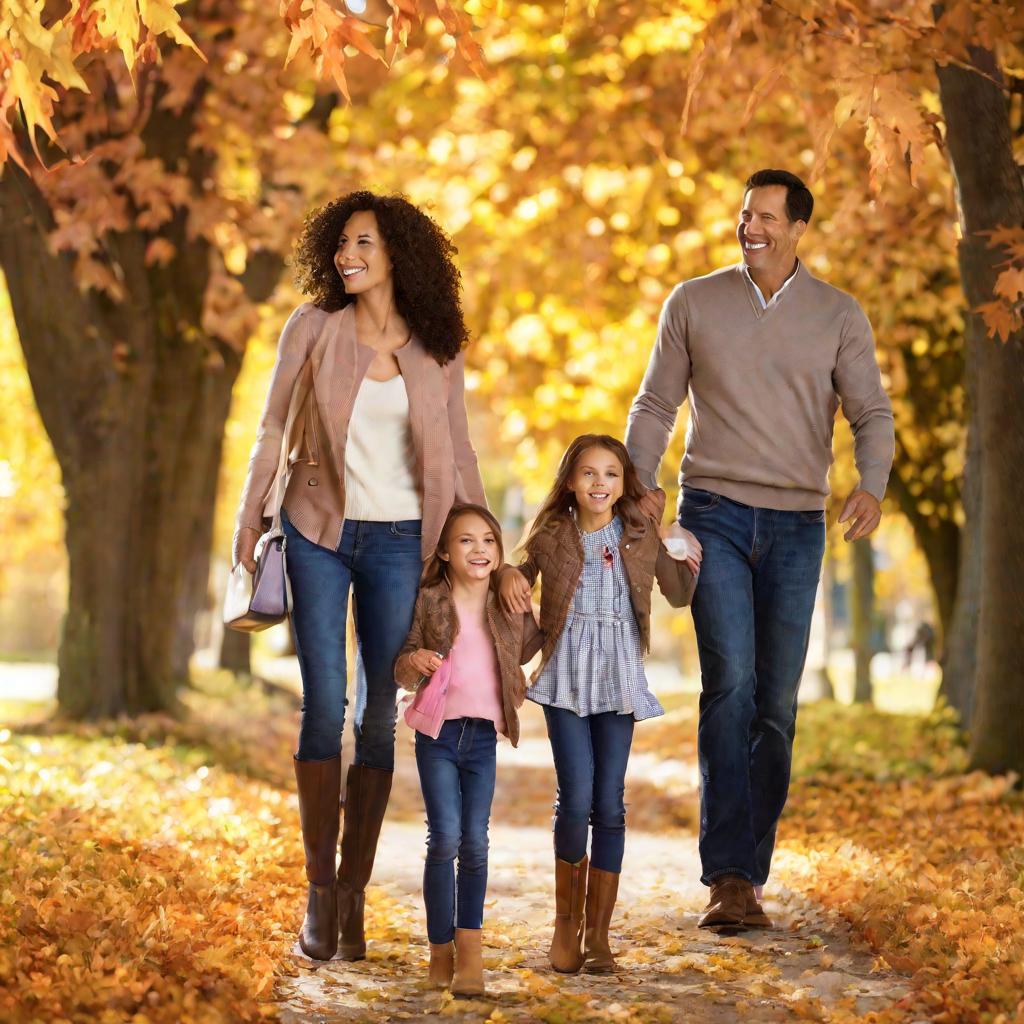 Семья гуляет по парку осенью